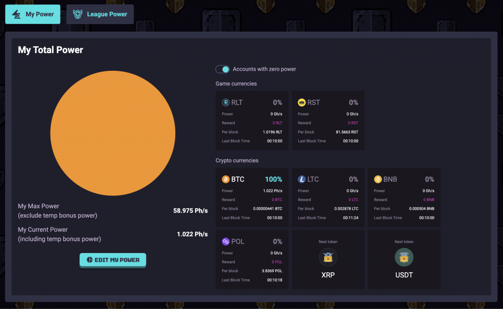 RollerCoin mining dashboard showing Mining Power and crypto reward allocation