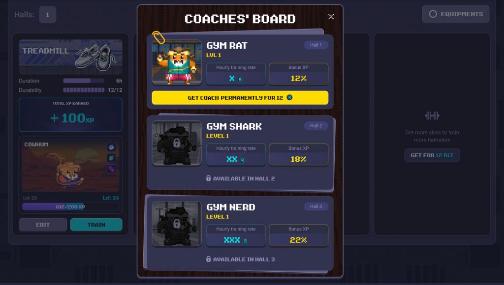 Hamster Gym Trainer interface showing Trainer levels and XP Bonuses