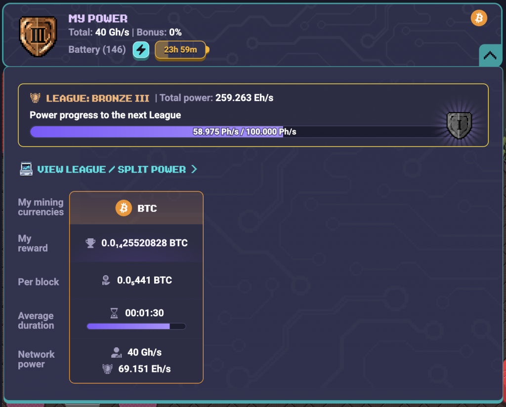 RollerCoin beginner dashboard with annotations showing mining power, rewards, and player progression