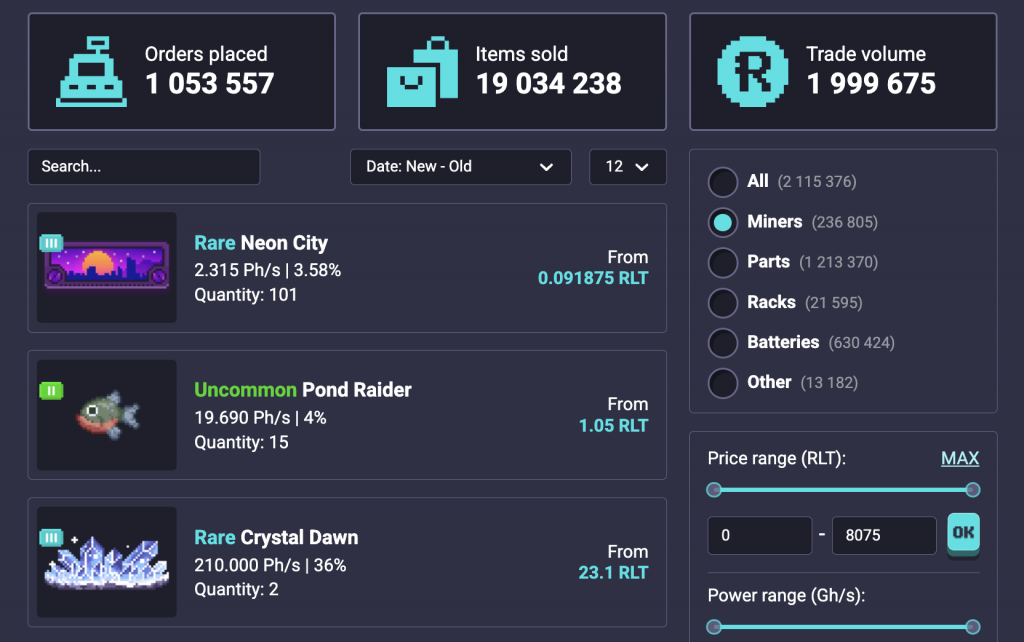 RollerCoin Miners Marketplace with power, bonuses, and prices highlighted