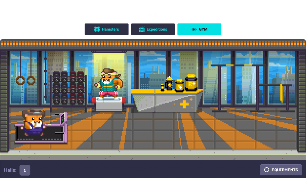 RollerCoin Hamster Gym interface displaying training equipment, Hamsters, and briefly the Trainer Area.